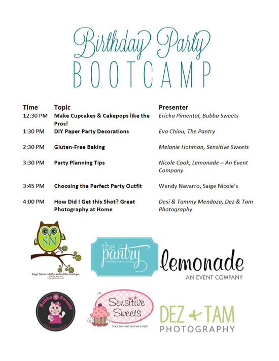 Birthday Party Boot Camp workshop schedule